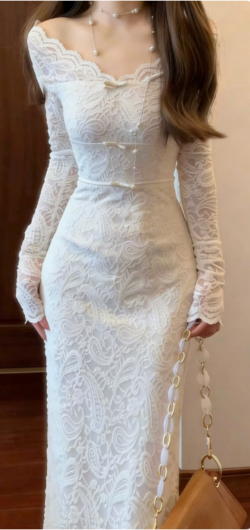 Elegant White Slim-Fit Long-Sleeve Lace Long Prom Dress Evening Dress