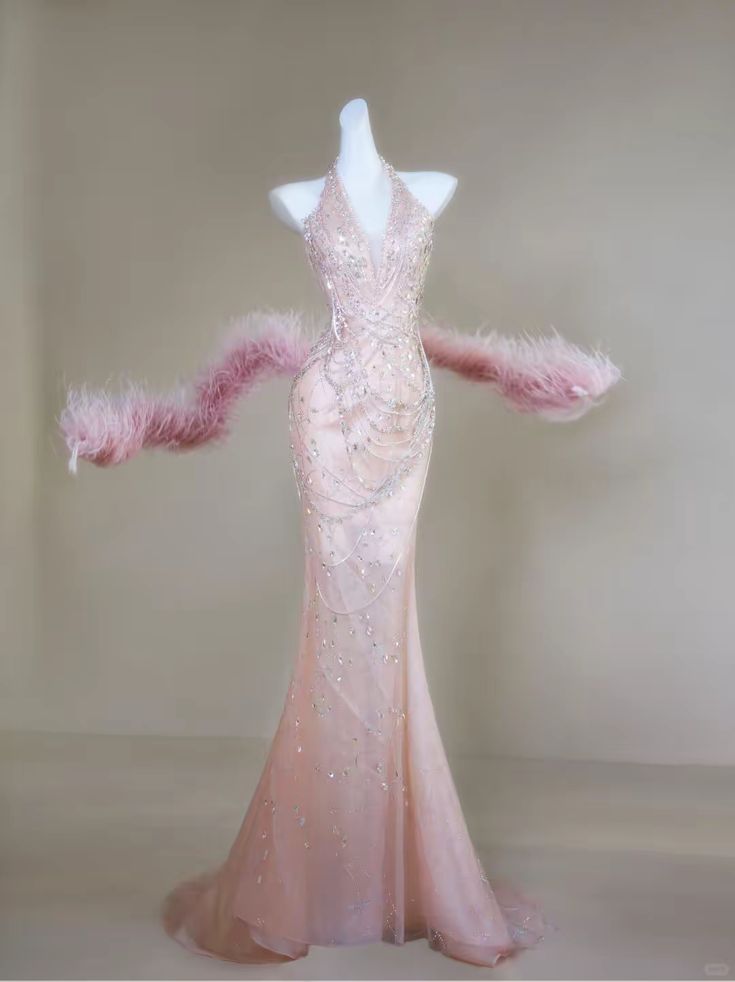 Dreamy Princess Pink Mermaid Halter V-Neck Rhinestone Beaded Tulle Long Prom Dress Evening Dress