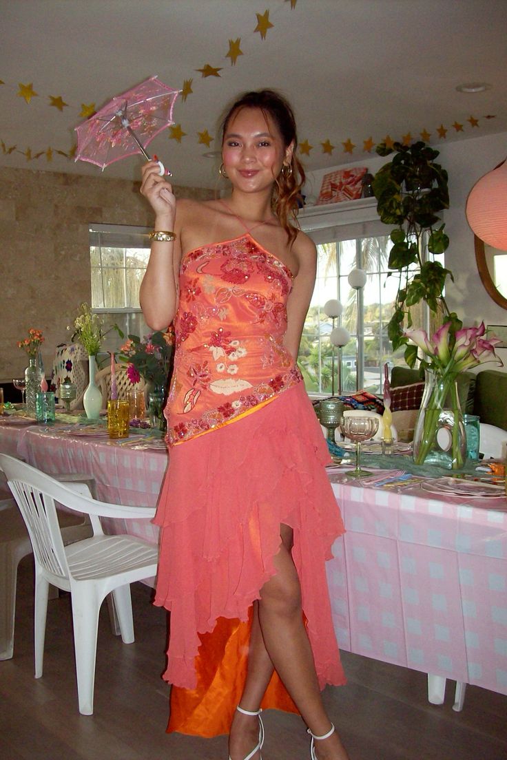 Retro Orange Pink Irregular Halter Neck Sequin Chiffon Prom Dress