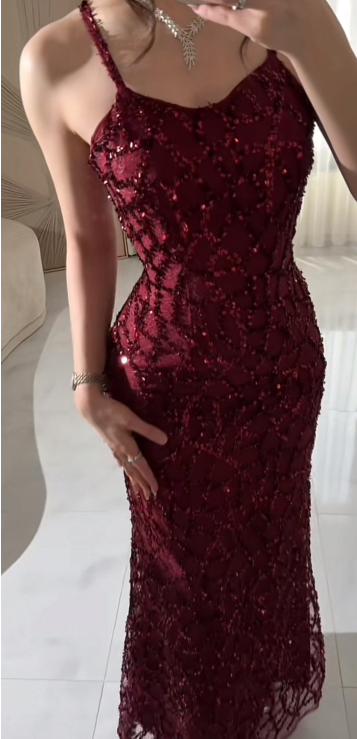 Luxurious Burgundy Mermaid Spaghetti Strap Sequin Tulle Long Prom Dress Evening Dress