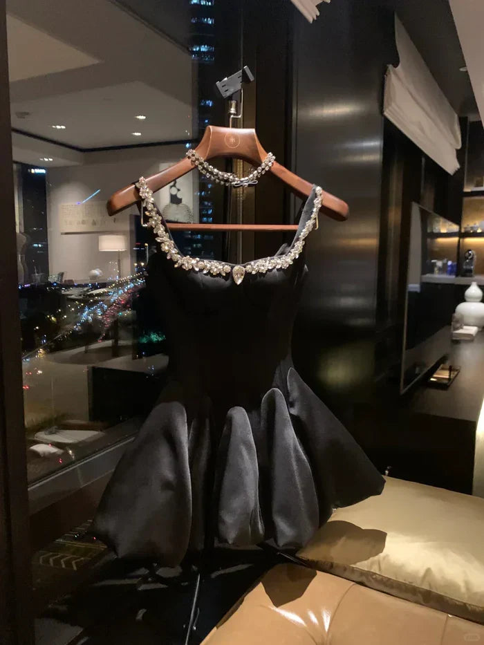 Sweet Black Strap Rhinestone Waist Bud Satin 16th Birthday Homecoming Dress