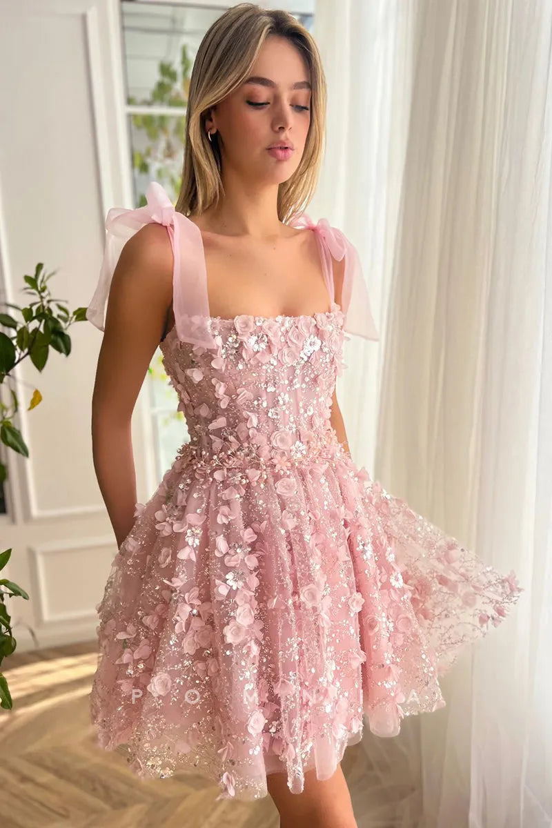 Fairy Pink Prom Dresses 3D Flowers Spaghetti Strap Pleat Ruched Above Knee Homecoming Dresses vestidos de graduación