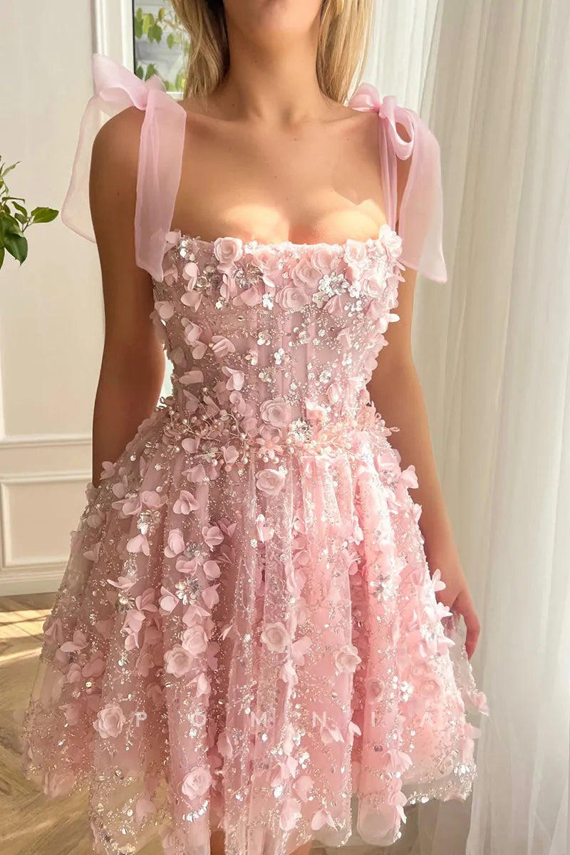 Fairy Pink Prom Dresses 3D Flowers Spaghetti Strap Pleat Ruched Above Knee Homecoming Dresses vestidos de graduación