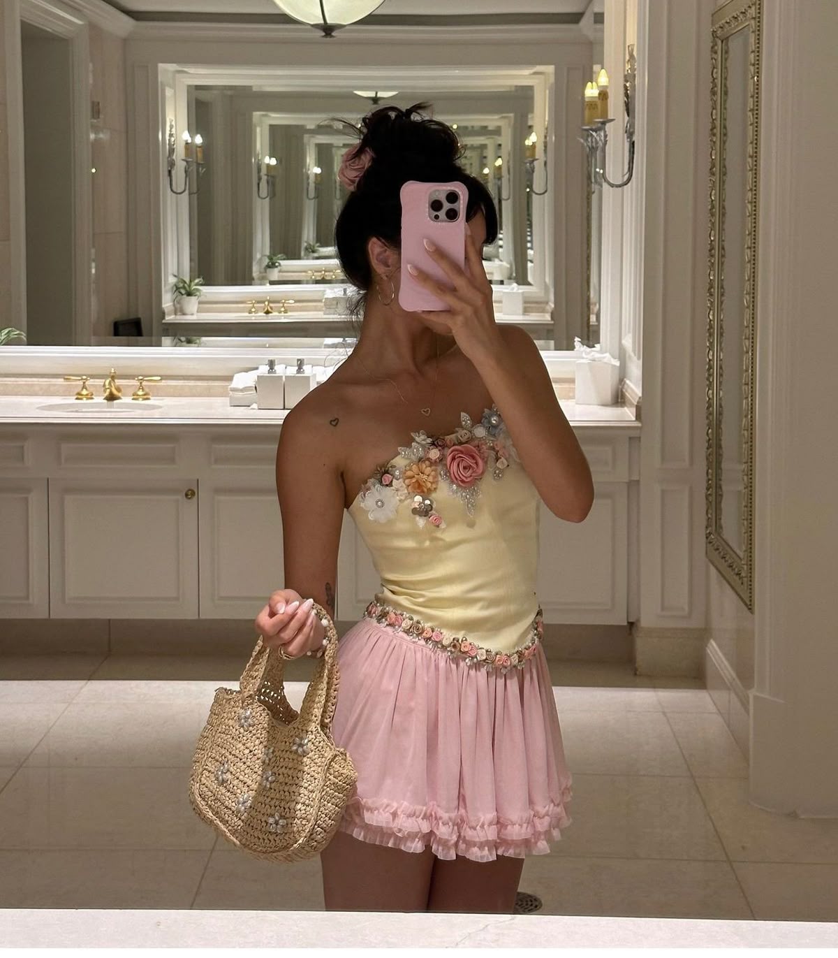 Sweet Yellow And Pink Color Matching Tube Top Three-dimensional Flower Chiffon 16th Birthday Homecoming Dress