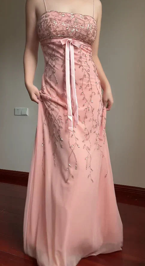 Elegant Pink Slim-Fit Spaghetti Strap Beaded Embroidery Leaf Bow Chiffon Long Prom Dress Evening Dress
