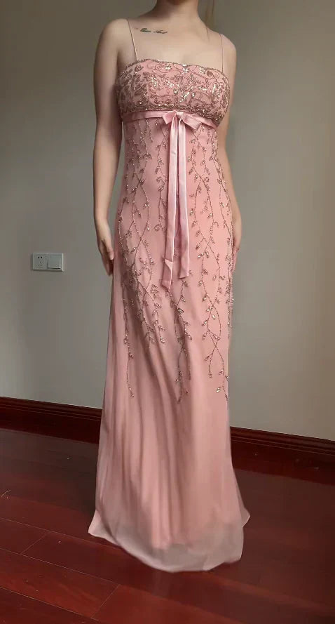 Elegant Pink Slim-Fit Spaghetti Strap Beaded Embroidery Leaf Bow Chiffon Long Prom Dress Evening Dress