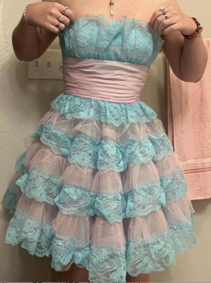 Sweet Blue And Pink Colorblock Multi-layer Lace And Organza A-line Birthday Party Homecoming Dress