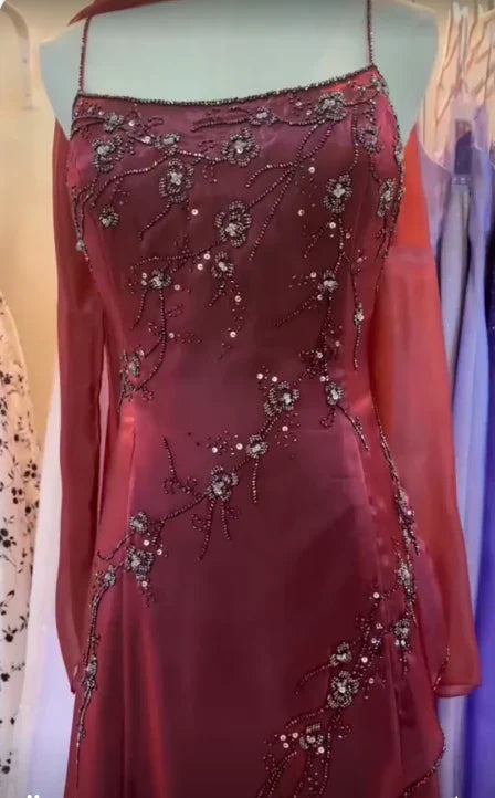 Vintage Burgundy Slim-Fit Camisole Beaded Embroidery Floral Branch Satin Long Prom & Evening Dress - View 3 | FashionDia