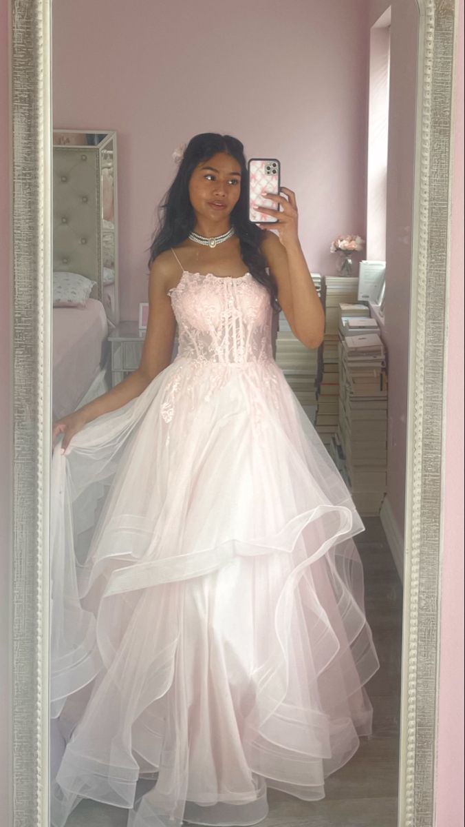 Sweet Light Pink A-line Spaghetti Strap Tiered Tulle Long Prom Dress Evening Dress