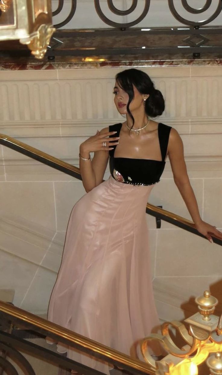 Elegant Black & Pink Color Block A-Line Velvet Chiffon Long Prom Dress Evening Dress