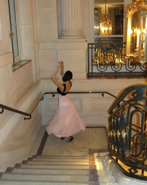 Elegant Black & Pink Color Block A-Line Velvet Chiffon Long Prom Dress Evening Dress