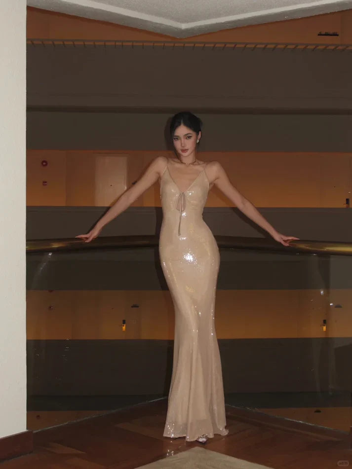 Sexy Shining Nude Apricot Mermaid Deep V Spaghetti Strap Sequin Long Prom & Evening Dress - View 2 | FashionDia