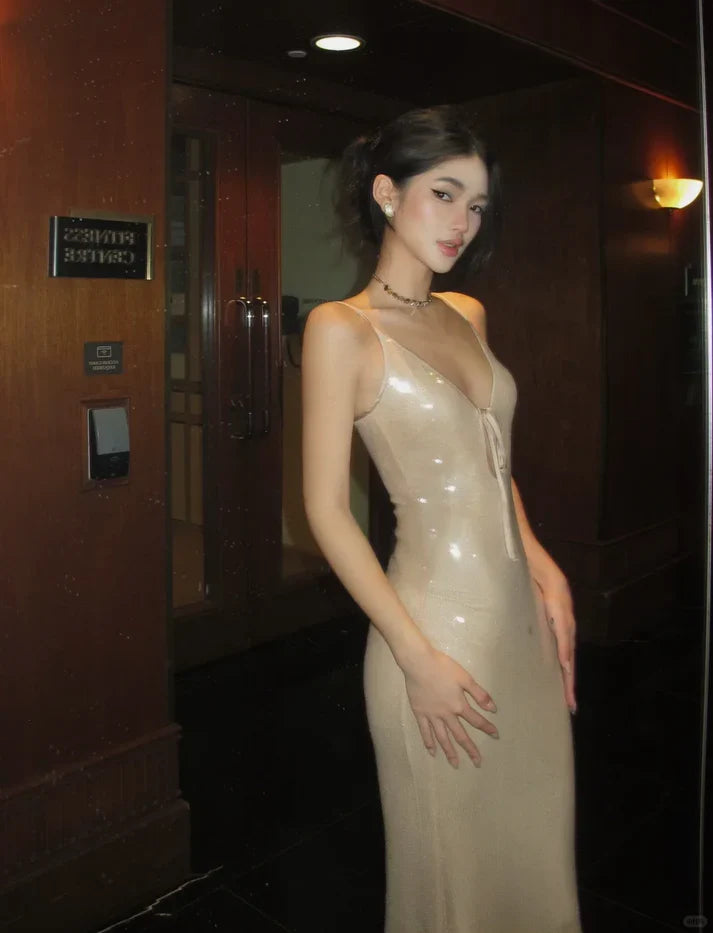 Sexy Shining Nude Apricot Mermaid Deep V Spaghetti Strap Sequin Long Prom & Evening Dress - View 6 | FashionDia