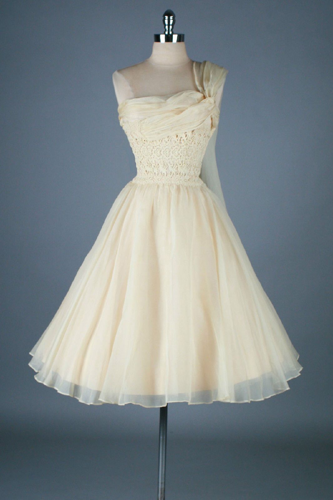 Vintage Ivory One-shoulder Collar Lace Pattern Ribbon Tulle A-line Birthday Party Homecoming Dress