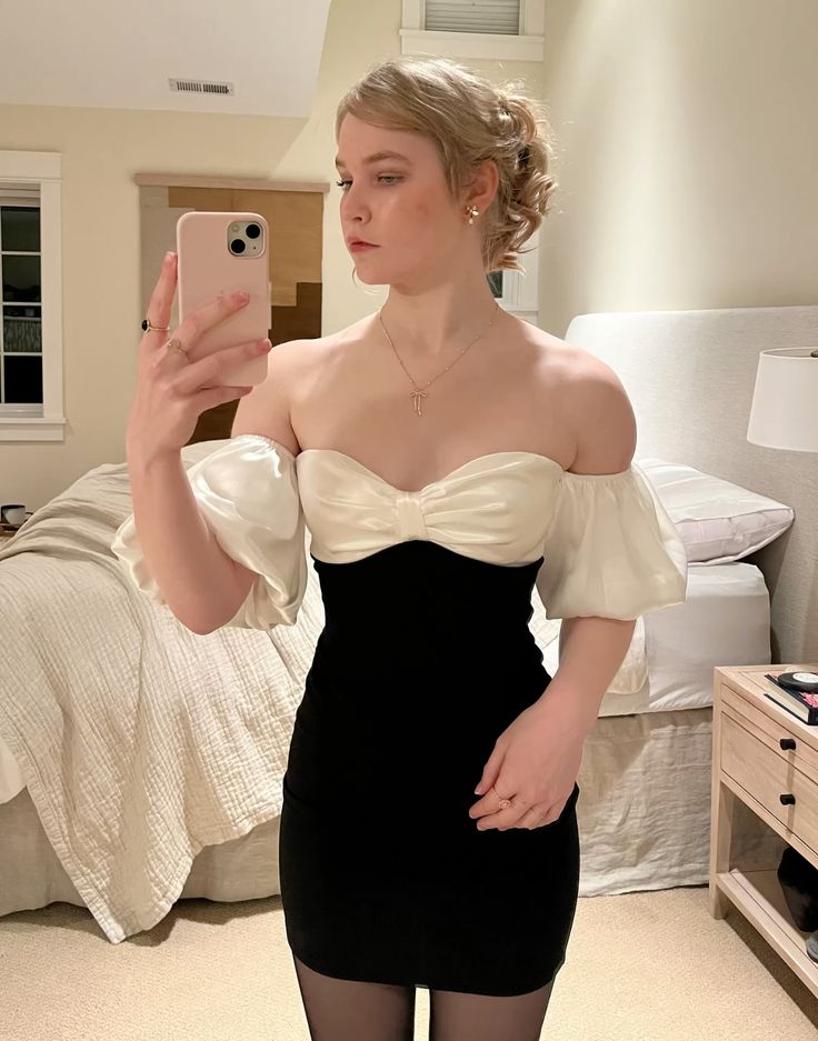 Elegant Black And White Colorblock Puff Short Sleeve Satin Slim Birthday Skirt Homecoming Dress