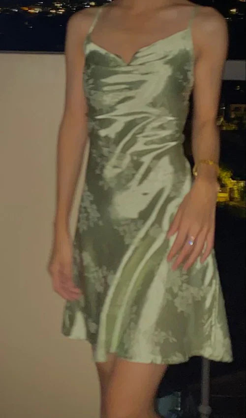 Retro Light Green Suspender Floral Dark Pattern Satin Birthday Skirt Homecoming Dress