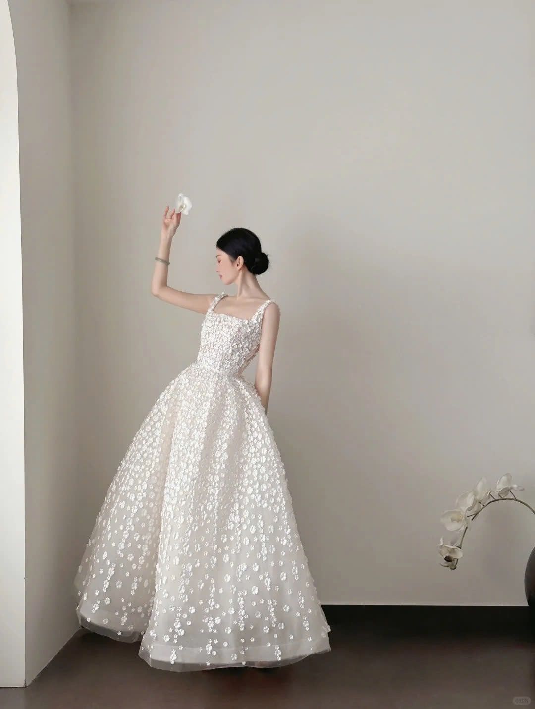 Elegant White A-line Strap Square Neck 3D Flower Tulle Prom Dress Wedding Dress cc4757