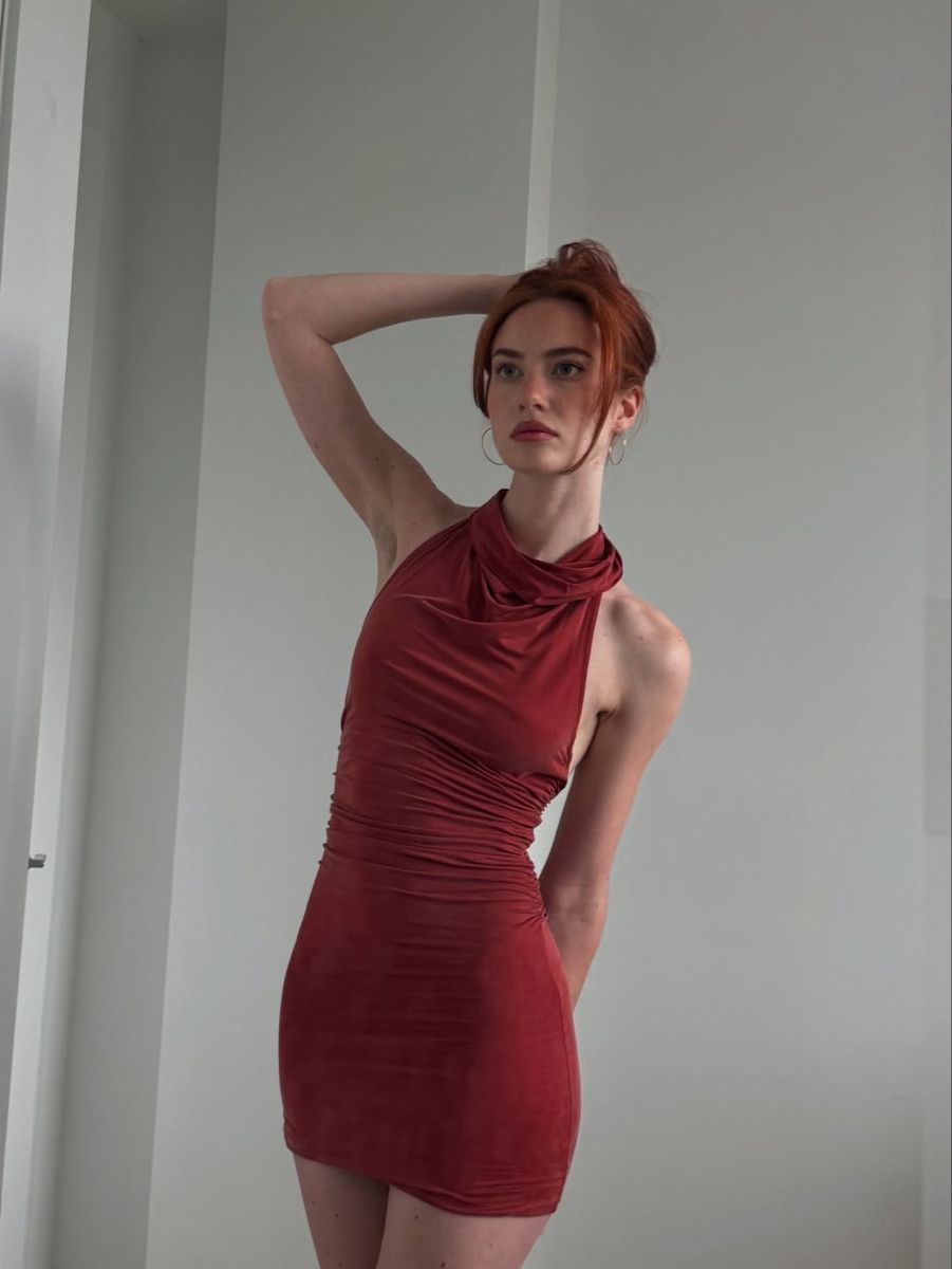 Elegant Brick Red High Collar Open Back Slim Hip Birthday Party Homecoming Dress