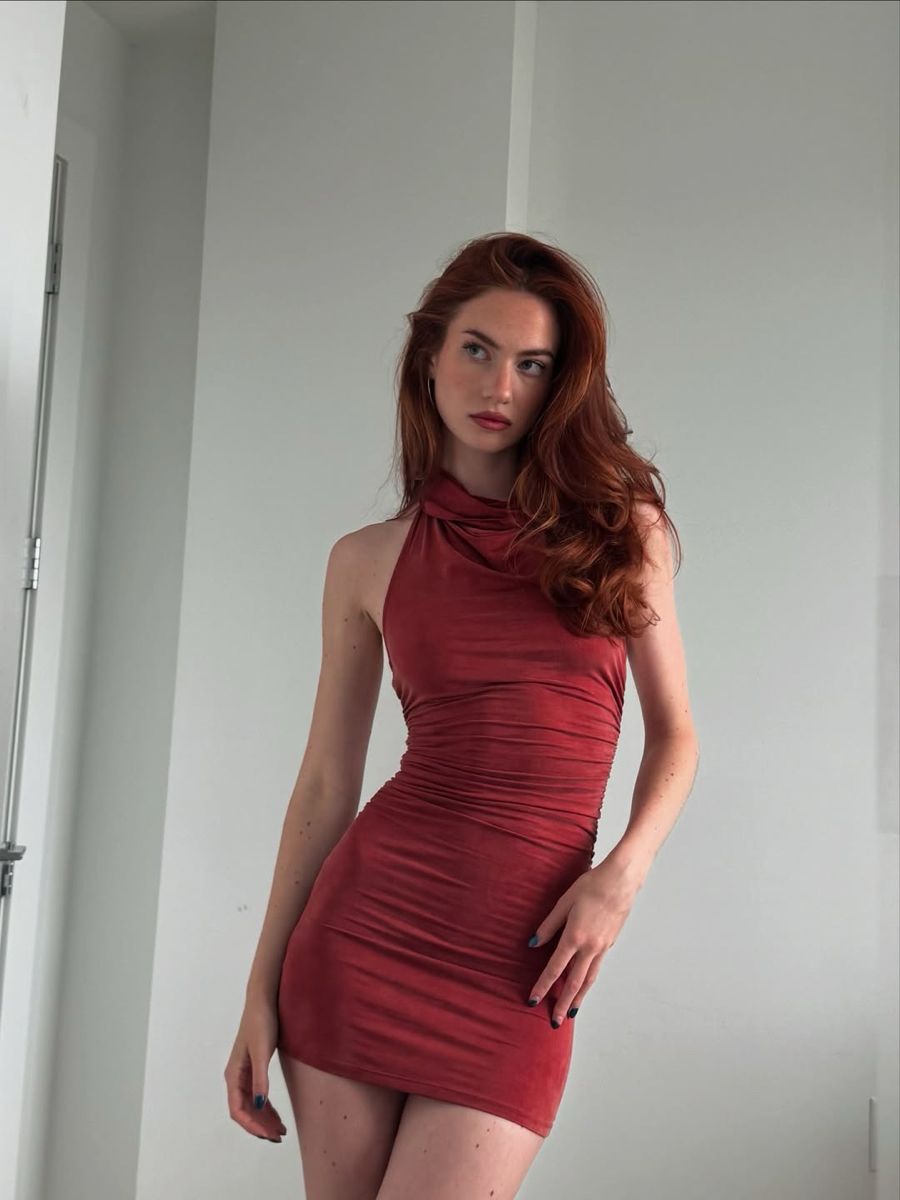 Elegant Brick Red High Collar Open Back Slim Hip Birthday Party Homecoming Dress - View 5 | FashionDia