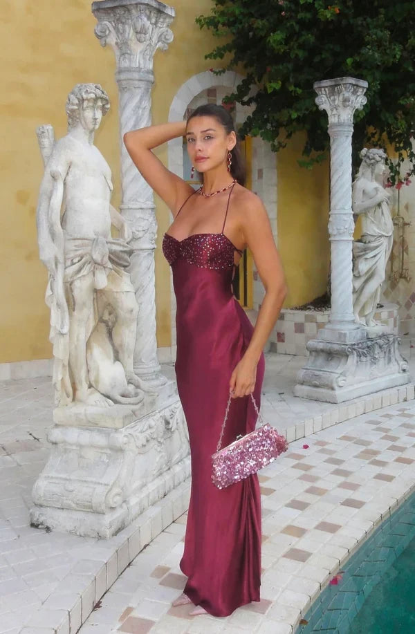 Sexy Burgundy Bodycon Halter Backless Satin Long Prom & Evening Dress - View 4 | FashionDia