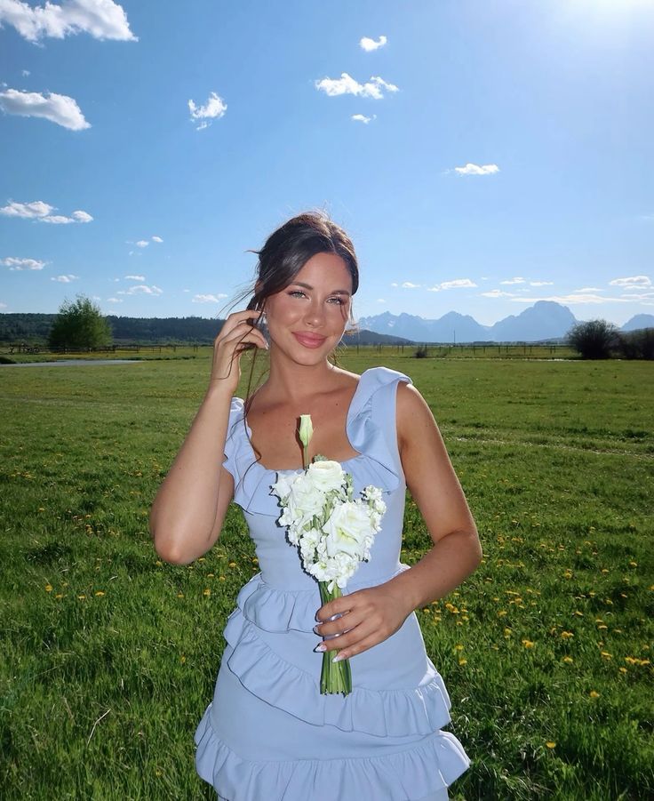 Sweet Light Blue Square Neck Ruffle Birthday Homecoming Dress