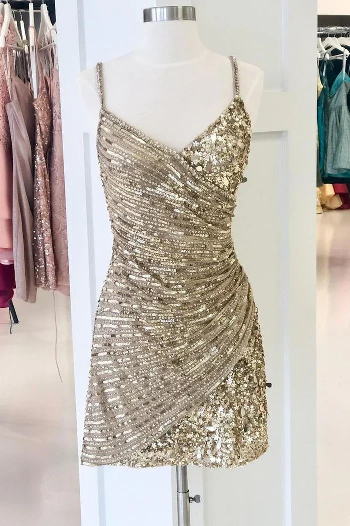Sparkling Gold V-neck Strapless Slim Fit Birthday Party Homecoming Dress