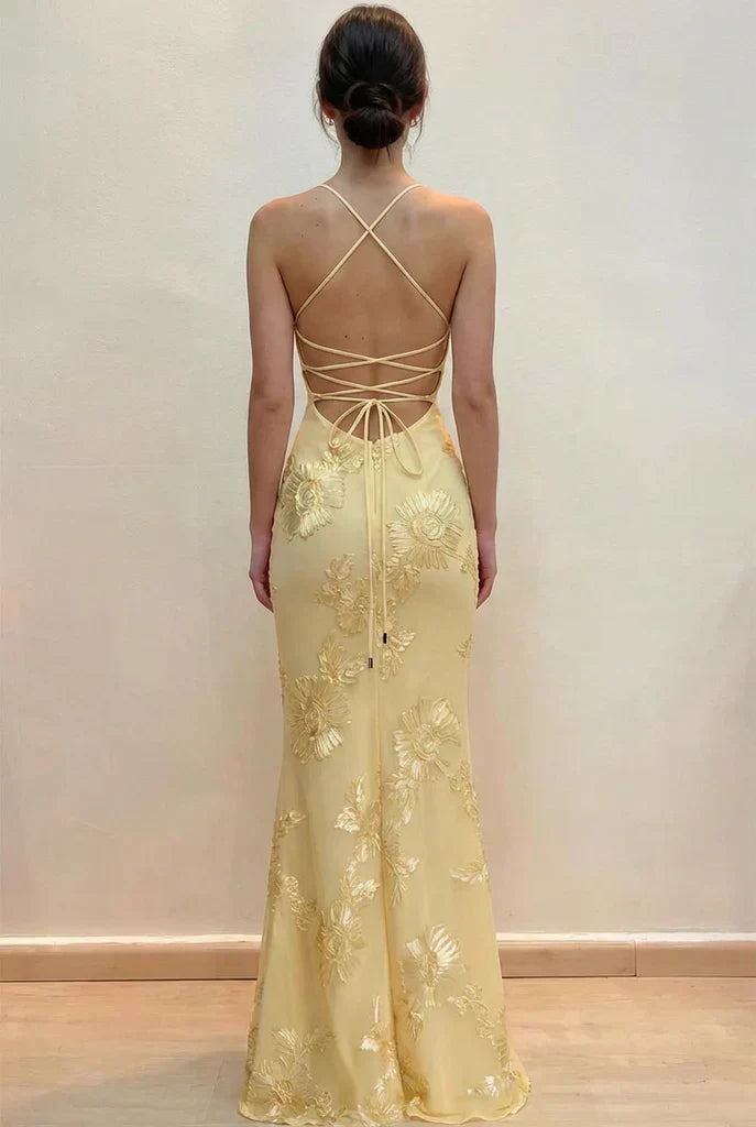 Elegant Yellow Mermaid Thin Strap 3D Floral Tulle Long Prom Dress Evening Dress
