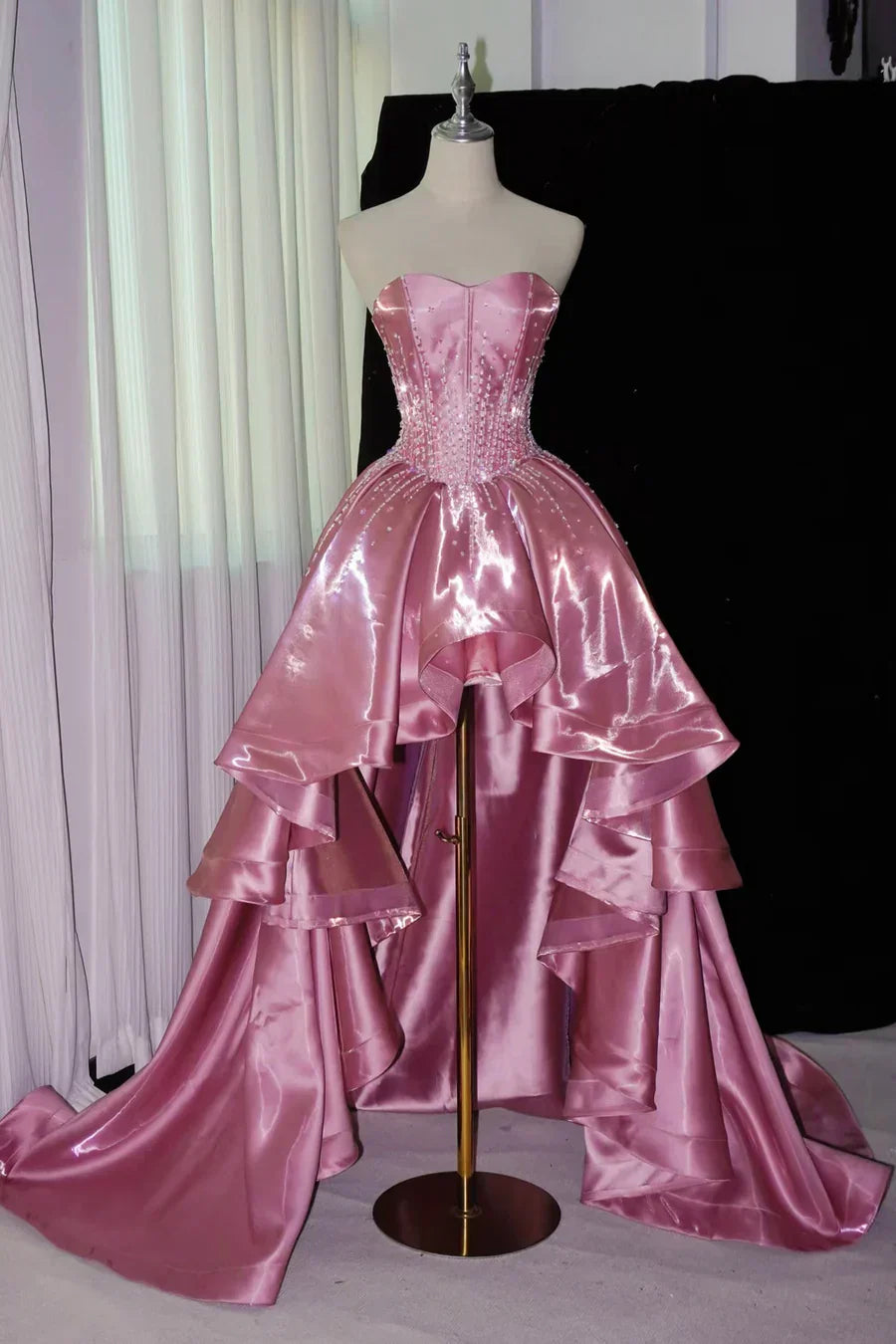 Princess Pink Strapless Beaded High-Low Train Satin Prom Dress Evening Dress