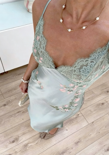 French-Style Mint Green Spaghetti Strap V-neck Lace Satin Prom Dress Evening Dress