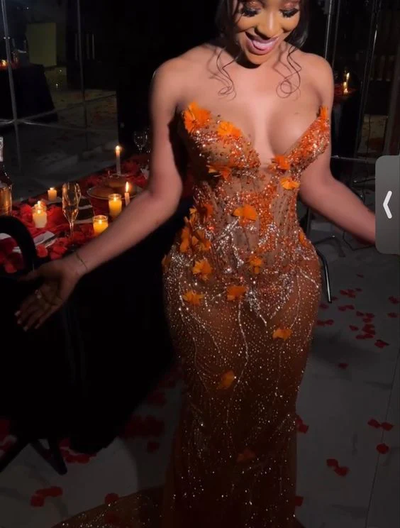 Classy Mermaid Sweetheart Orange Tulle Sequin Evening Gowns Long Prom Dress
