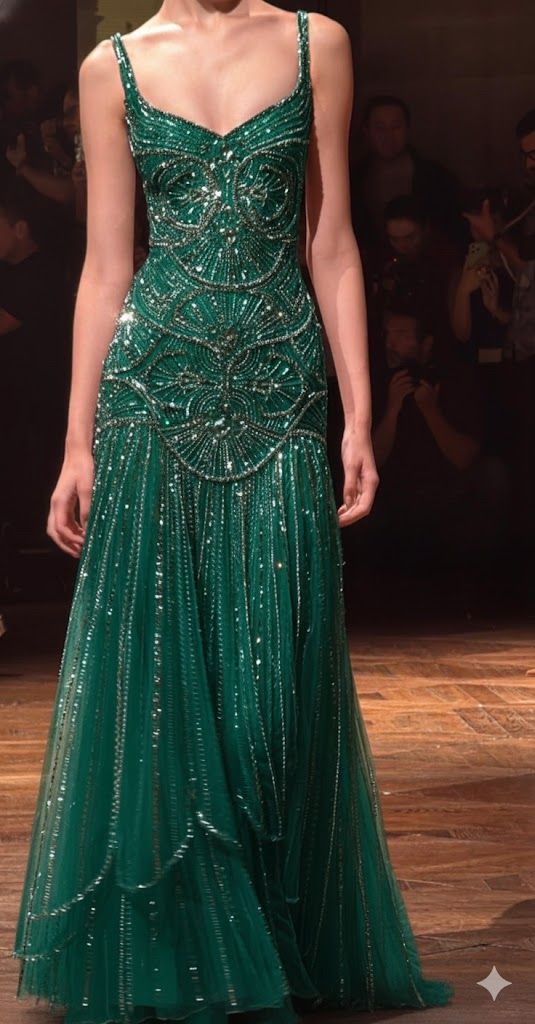 Vintage Green A-line Spaghetti Strap Beaded Tulle Long Prom Dress Evening Dress
