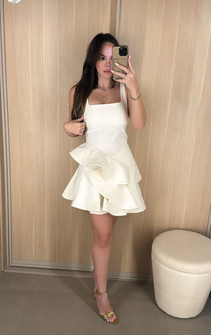 Simple And Elegant White Square Neck Irregular Ruffled Satin Birthday Party Homecoming Dress
