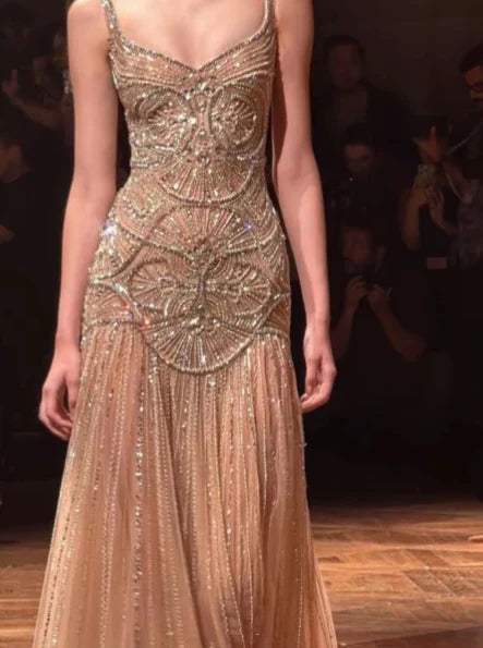 Vintage Green A-Line Spaghetti Strap Beaded Tulle Long Prom & Evening Dress - View 4 | FashionDia