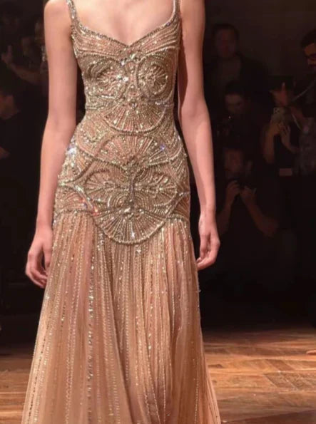 Vintage Green A-line Spaghetti Strap Beaded Tulle Long Prom Dress Evening Dress