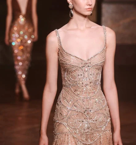 Vintage Green A-Line Spaghetti Strap Beaded Tulle Long Prom & Evening Dress - View 5 | FashionDia