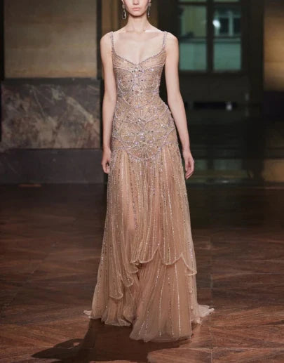 Vintage Green A-Line Spaghetti Strap Beaded Tulle Long Prom & Evening Dress - View 6 | FashionDia