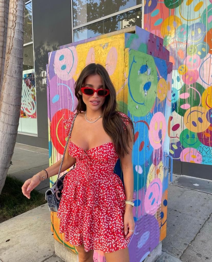 Sweet And Vibrant Red Neckline Tie Short Sleeves Printed Ruffle Waist A-Line Chiffon 17th Birthday Homecoming Dress - View 4 | FashionDia