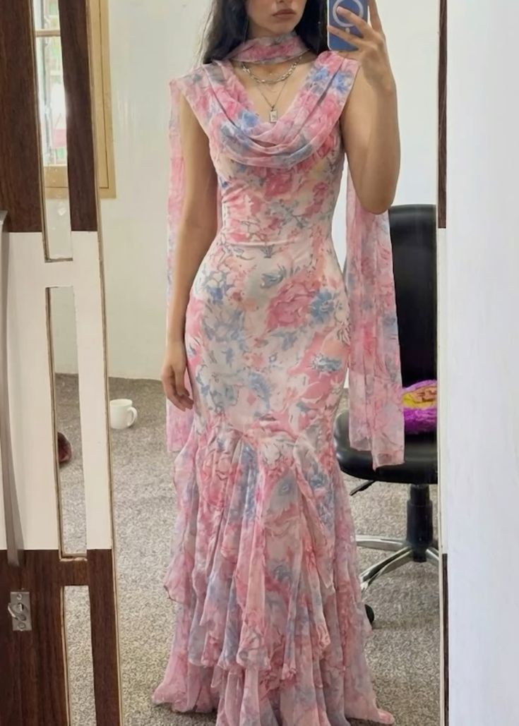 Soft Blush Blue Floral Print Mermaid Spaghetti Strap Chiffon Long Prom Dress Evening Dress