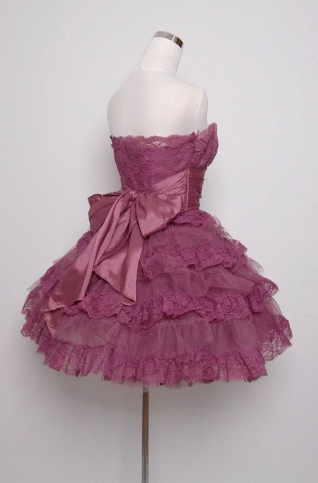 Gorgeous Purple Tube Top Bow Multi-layer Lace Patchwork A-line Birthday Party Homecoming Dress