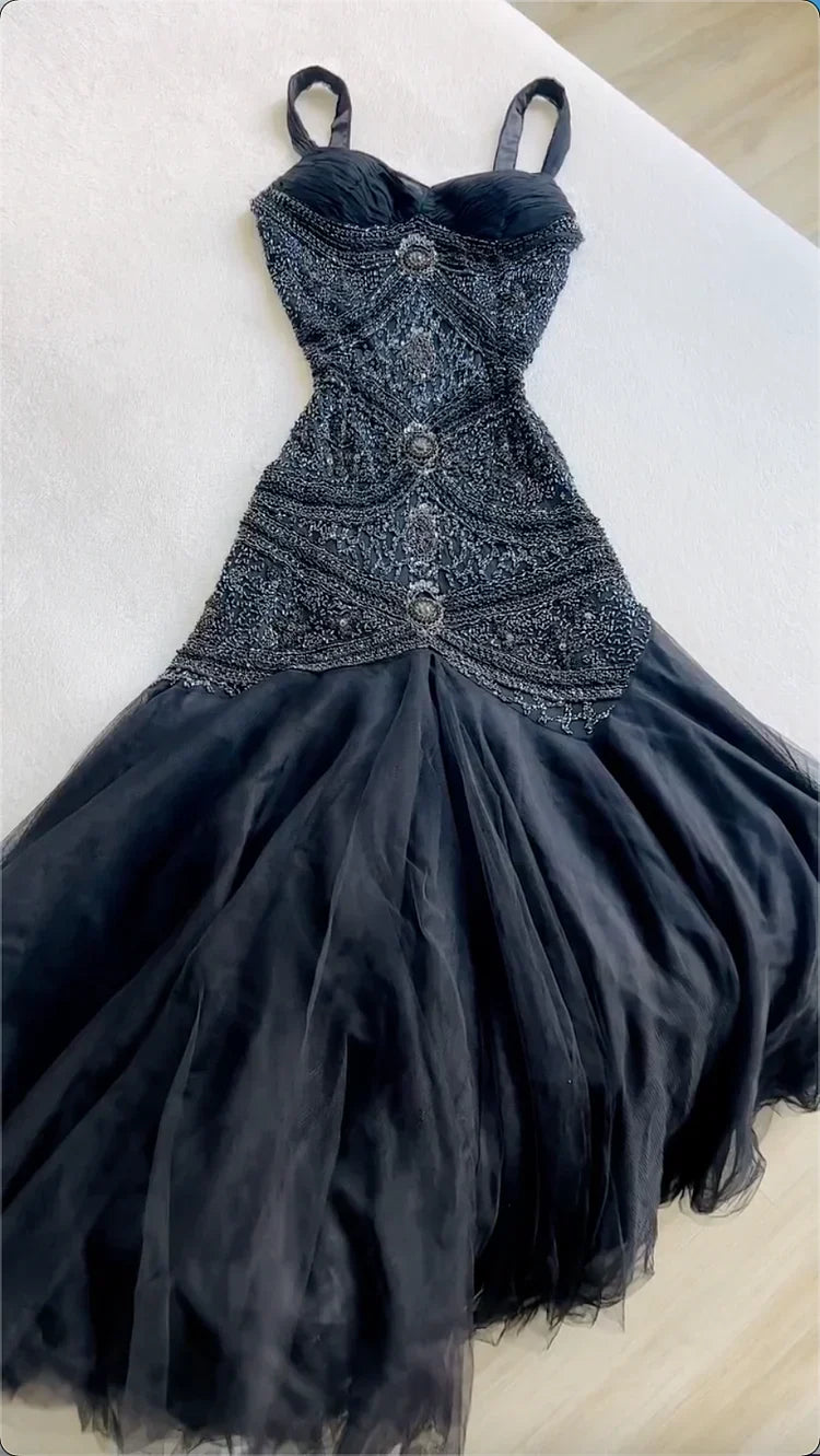 Vintage Black Spaghetti Strap Mermaid Custom Tulle Long Prom Dress Evening Dress