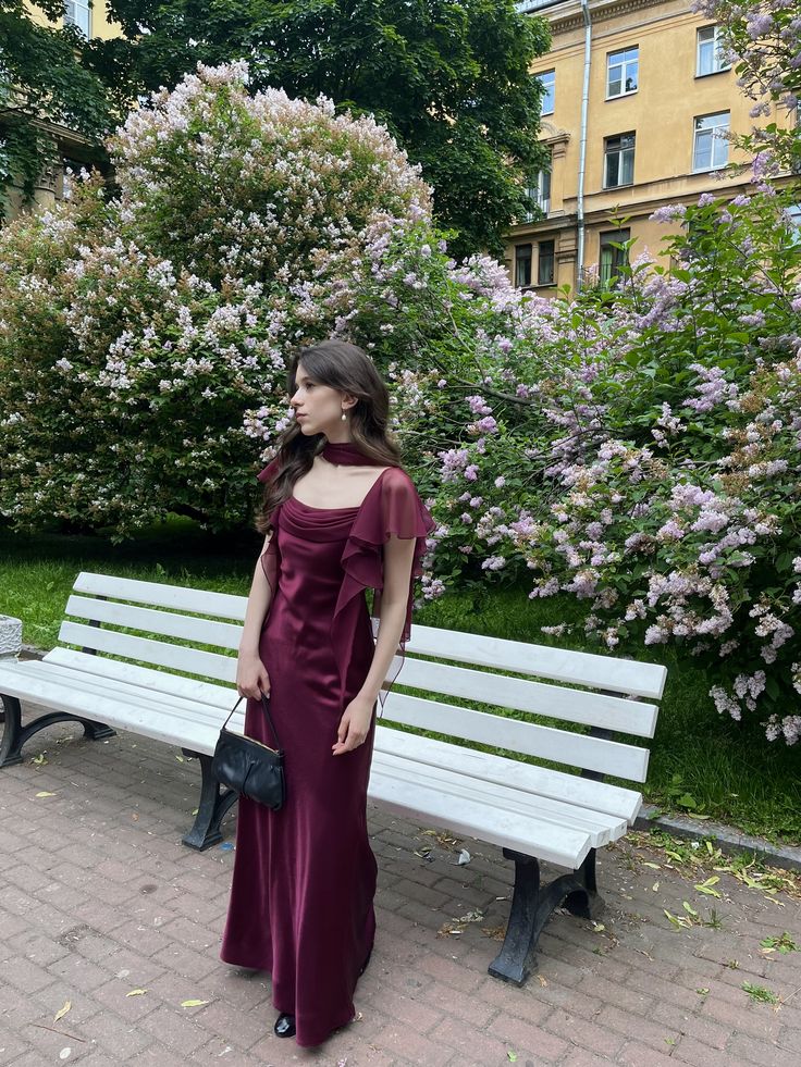 Vintage Burgundy Square Neck Ruffle Short Sleeve Satin Long Prom Dress Evening Dress