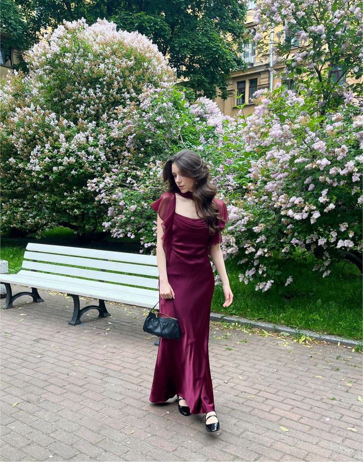 Vintage Burgundy Square Neck Ruffle Short Sleeve Satin Long Prom Dress Evening Dress
