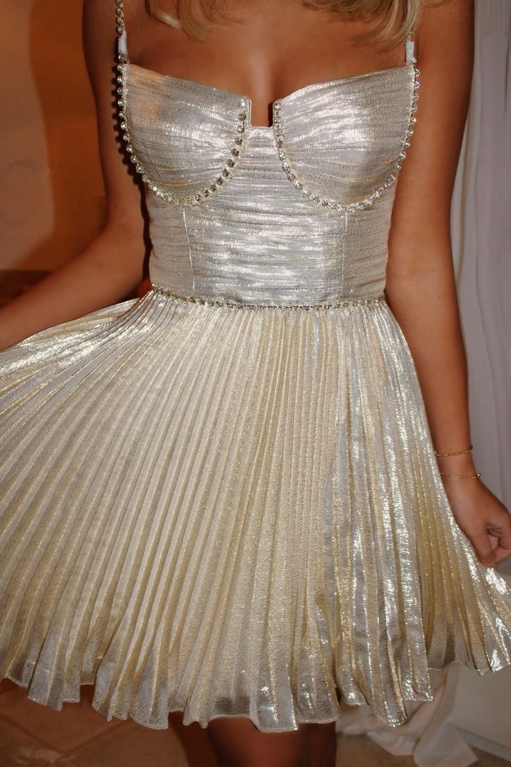Shining Gold Thin Straps Glitter Waist Pleated Short Birthday Dress Homecoming Dress