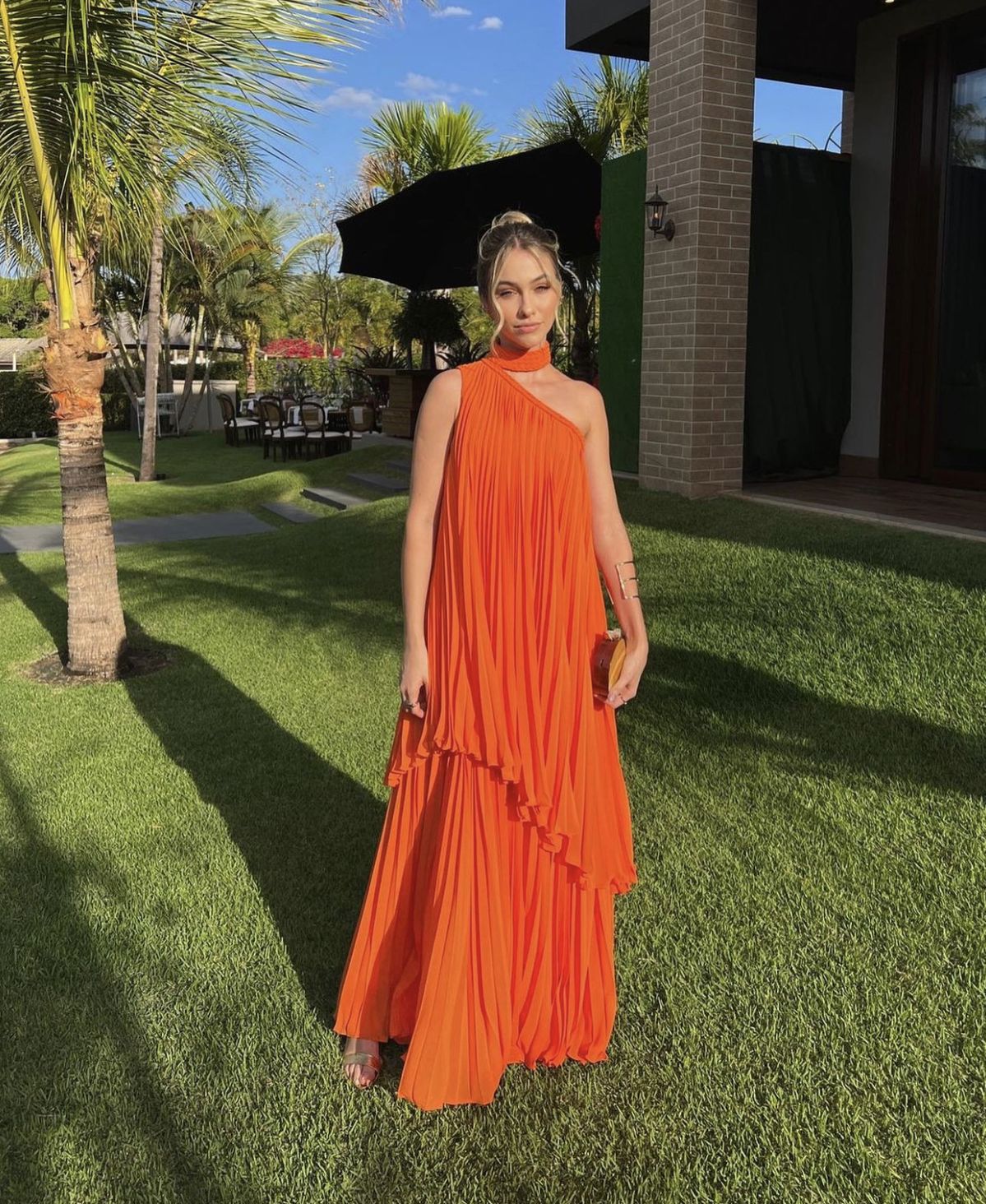 Fashion Bright Orange Irregular Pleated One-shoulder Halter Neck Chiffon Long Prom Dress Evening Dress