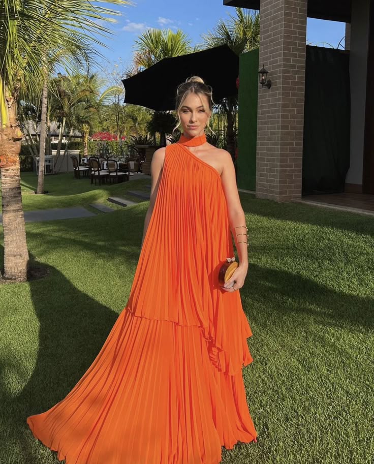 Fashion Bright Orange Irregular Pleated One-Shoulder Halter Neck Chiffon Long Prom & Evening Dress - View 3 | FashionDia