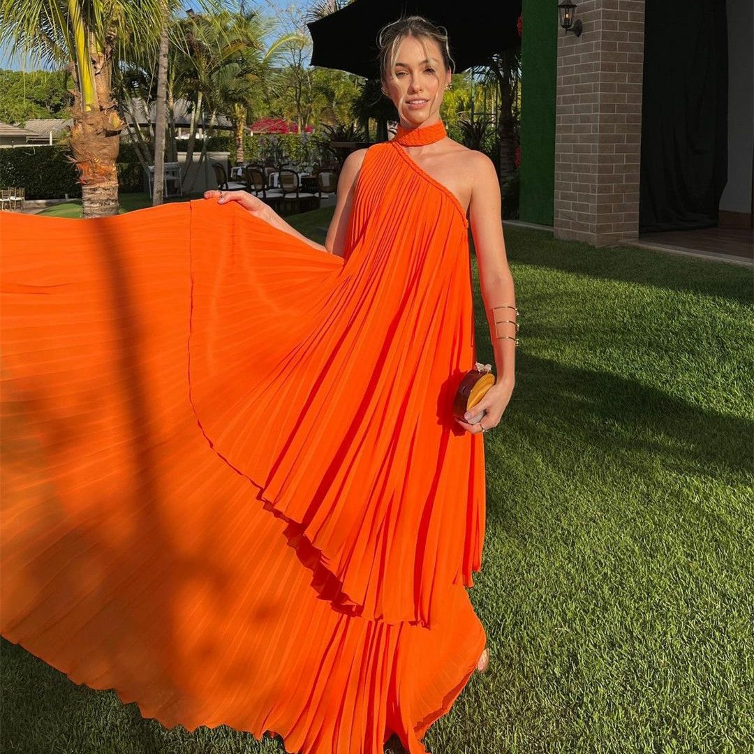 Fashion Bright Orange Irregular Pleated One-Shoulder Halter Neck Chiffon Long Prom & Evening Dress - View 4 | FashionDia