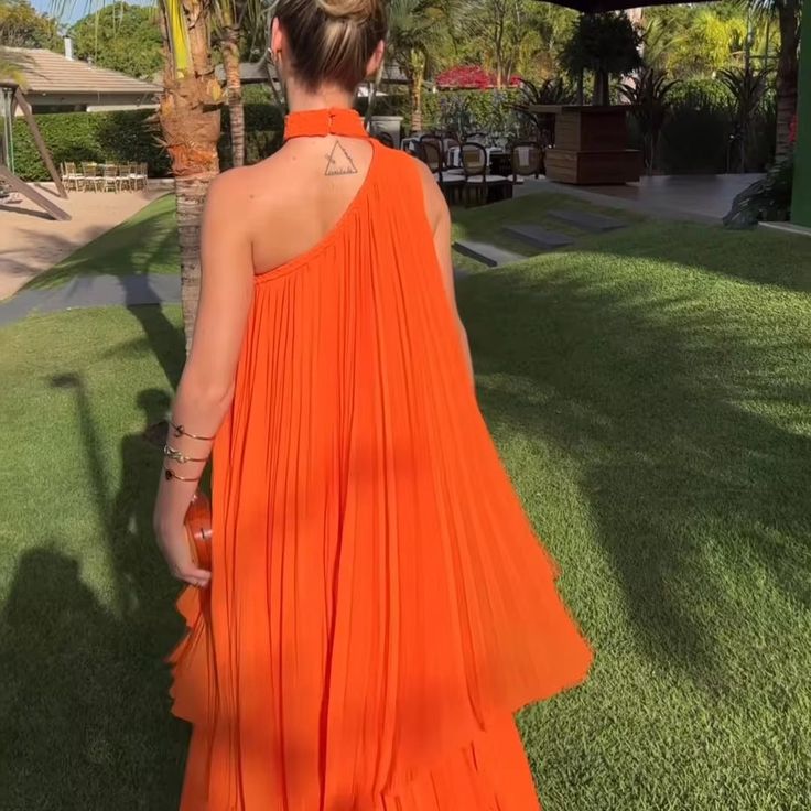 Fashion Bright Orange Irregular Pleated One-Shoulder Halter Neck Chiffon Long Prom & Evening Dress - View 5 | FashionDia