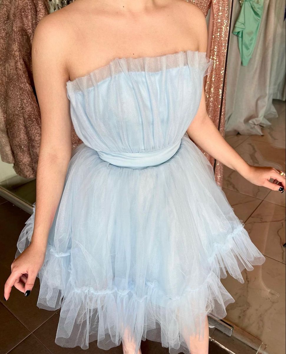 Sweet And Dreamy Light Blue Tube Top Waist Multi-layer Mesh A-line Short Birthday Dress Homecoming Dress