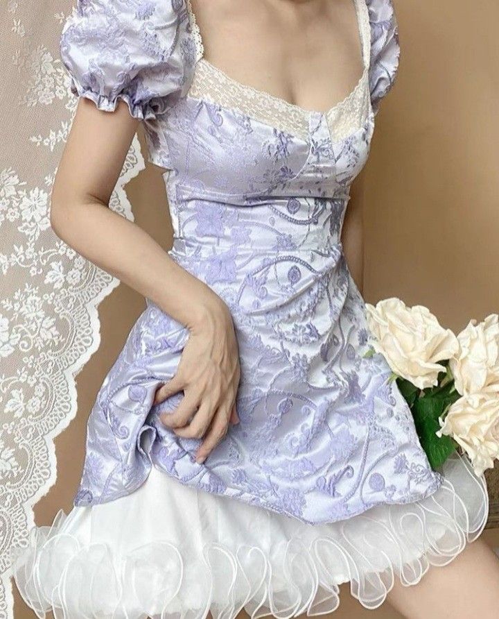 Retro Sweet Lavender Lace Puff Sleeves White Mesh Ruffle Jacquard A-line Short Birthday Dress Homecoming Dress