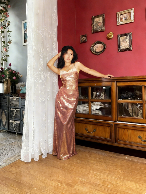 Vintage Rose Gold Spaghetti Strap Mermaid Sequin Long Prom Dress Evening Dress